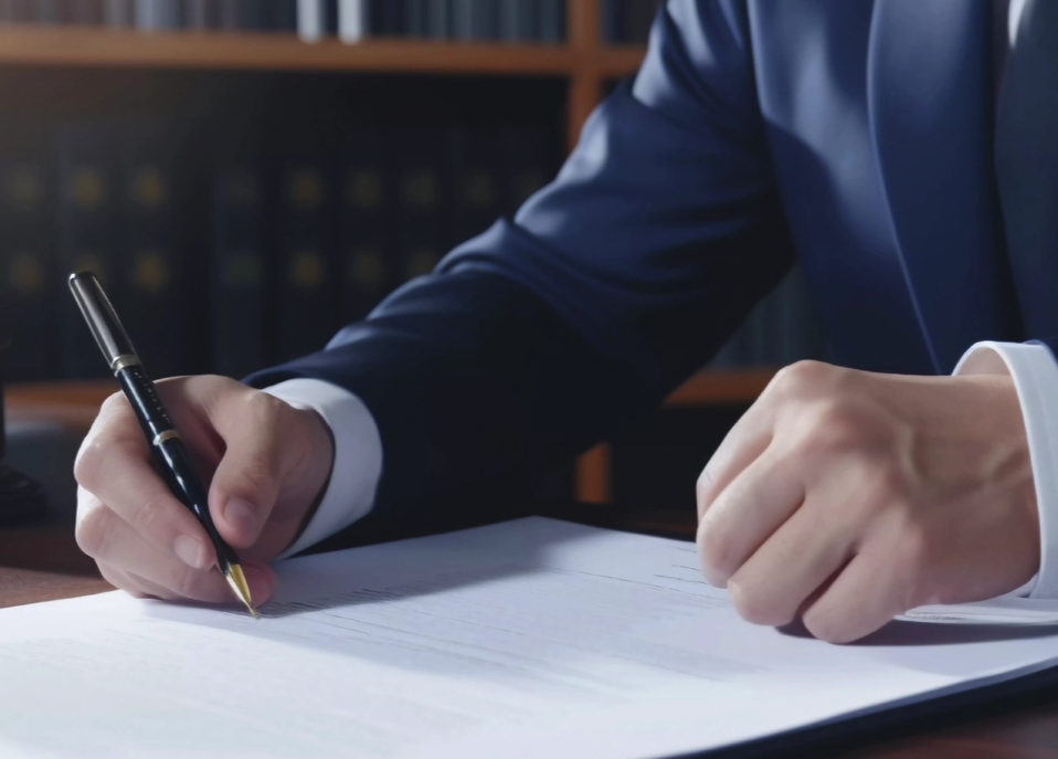 Lawyer signing legal documents for business and corporate law services